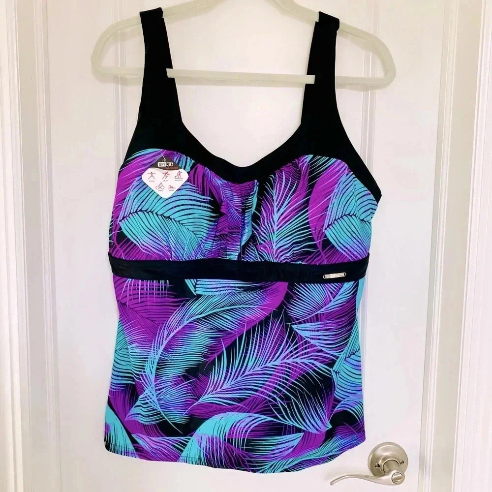 NWT Zeroxposur Plus Size Tankini Swim Top Size 2X 20W Purple Teal Feather - Picture 3 of 11